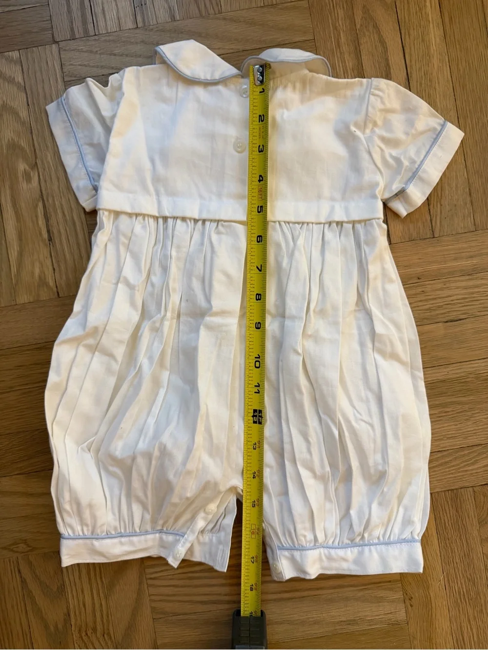 New White Baby Bubble Romper with Embroidered Blue Smocked Sailboats
